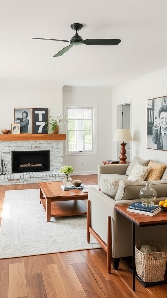 A modern farmhouse living room with sleek furniture and rustic finishes.