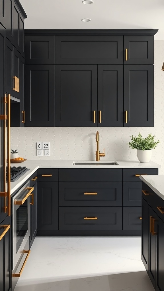 Modern kitchen featuring sleek matte black cabinets with gold hardware.