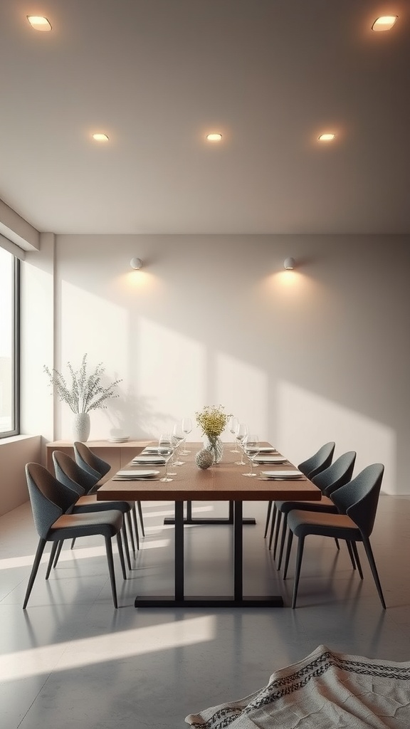 A modern dining room featuring minimalistic edge-lit recessed lighting, a wooden table set for dinner, and stylish chairs.