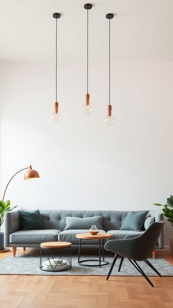 Modern living room featuring sleek minimalist pendant lights above a gray sofa and wooden coffee tables.