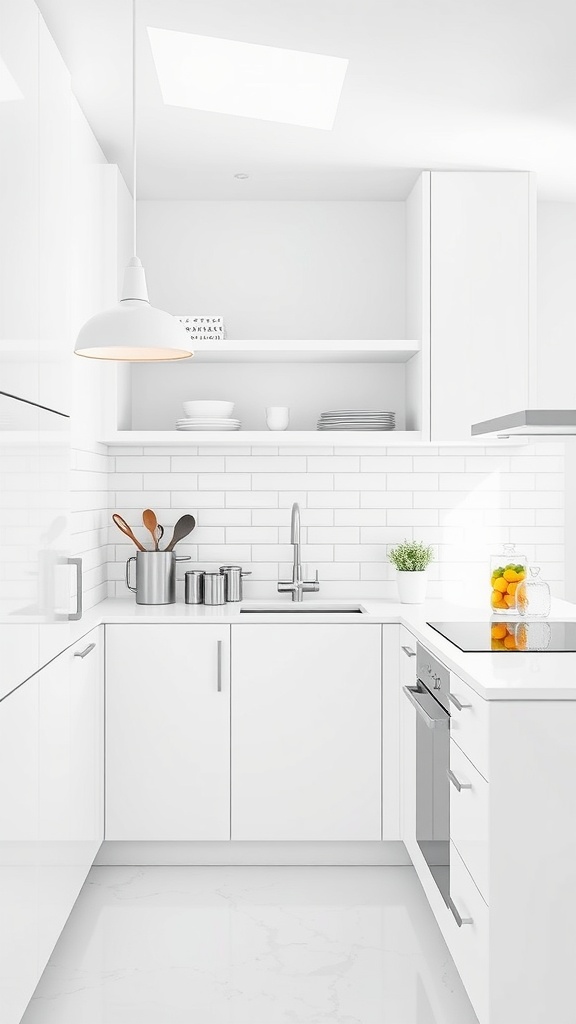 A sleek minimalist white kitchen with glossy cabinets, open shelving, and a skylight.