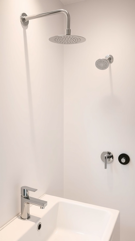 Sleek modern bathroom fixtures including a chrome faucet and dual showerheads against a neutral wall.