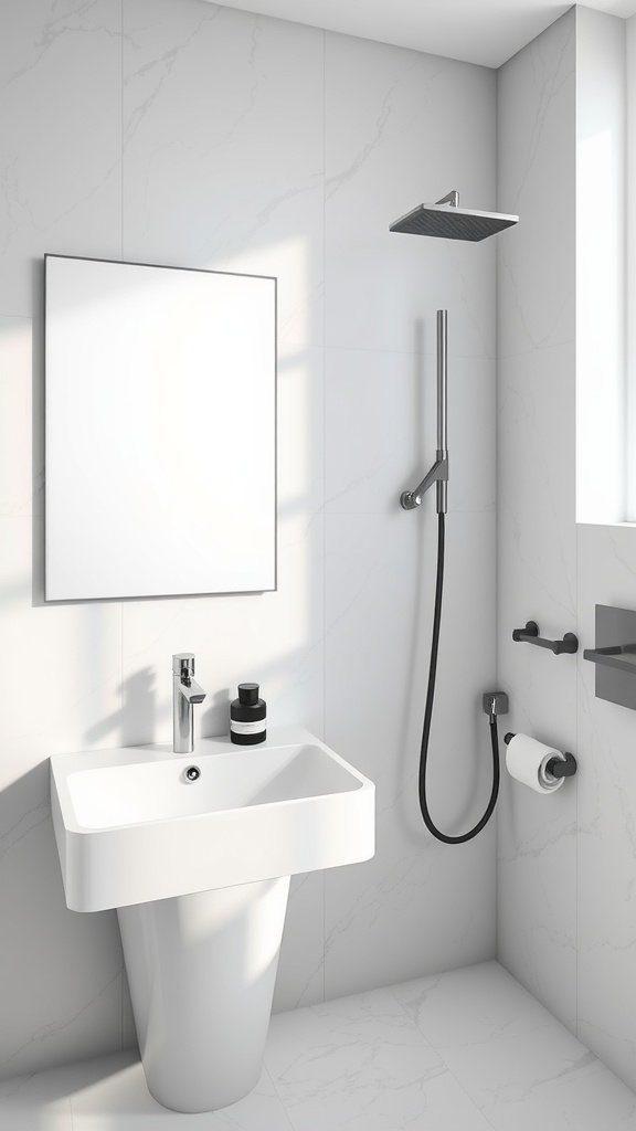 A modern bathroom with sleek fixtures, including a minimalist sink and shower.