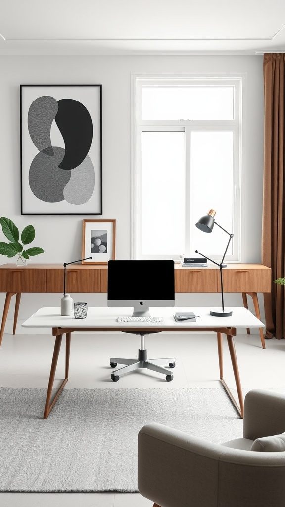 A sleek modern home office featuring a white desk, ergonomic chair, and natural light.