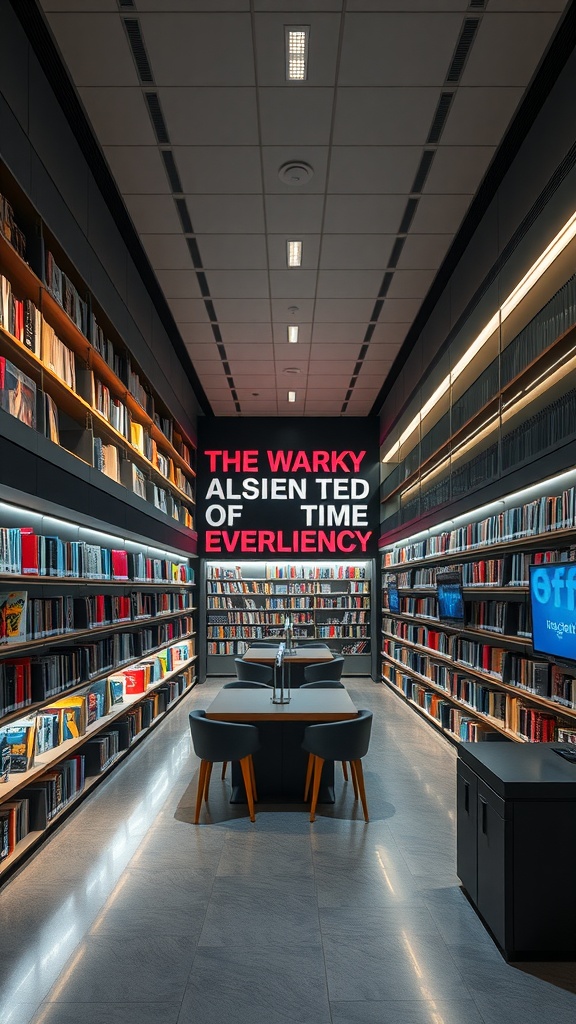 A modern library with bookshelves, tech integration, and stylish seating