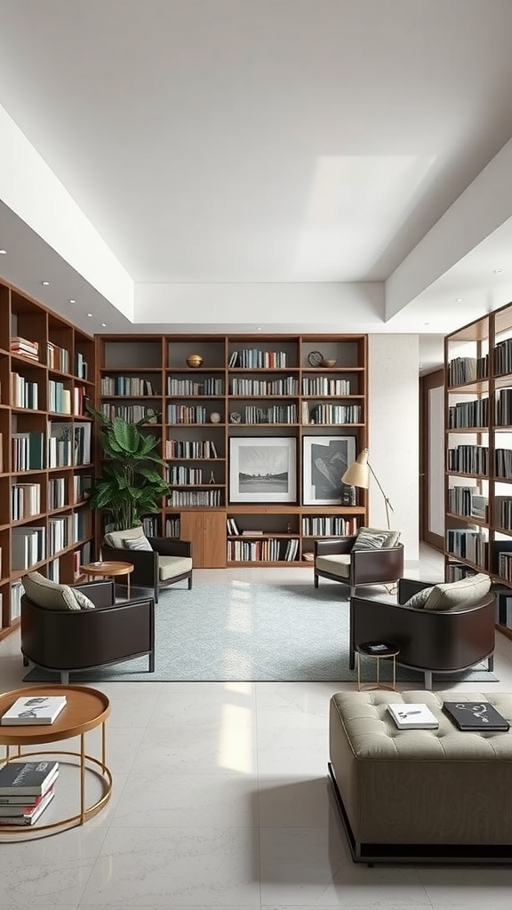 A modern reading room with wooden bookshelves, comfortable seating, and natural light.