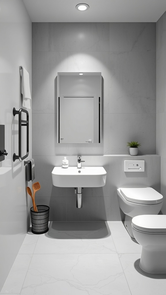 A modern bathroom featuring monochrome neutral colors with sleek fixtures and minimalist design.