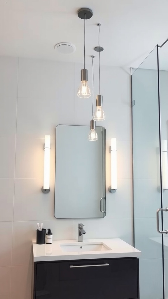 Sleek pendant lights above a bathroom vanity with modern design