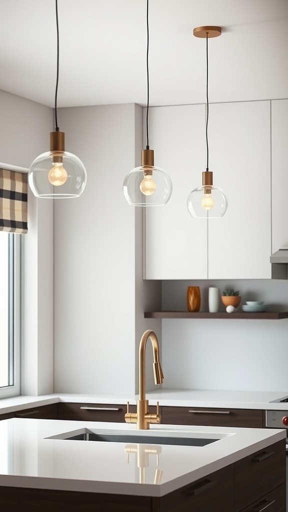 Stylish pendant lights above a modern kitchen sink with golden accents and glass shades.