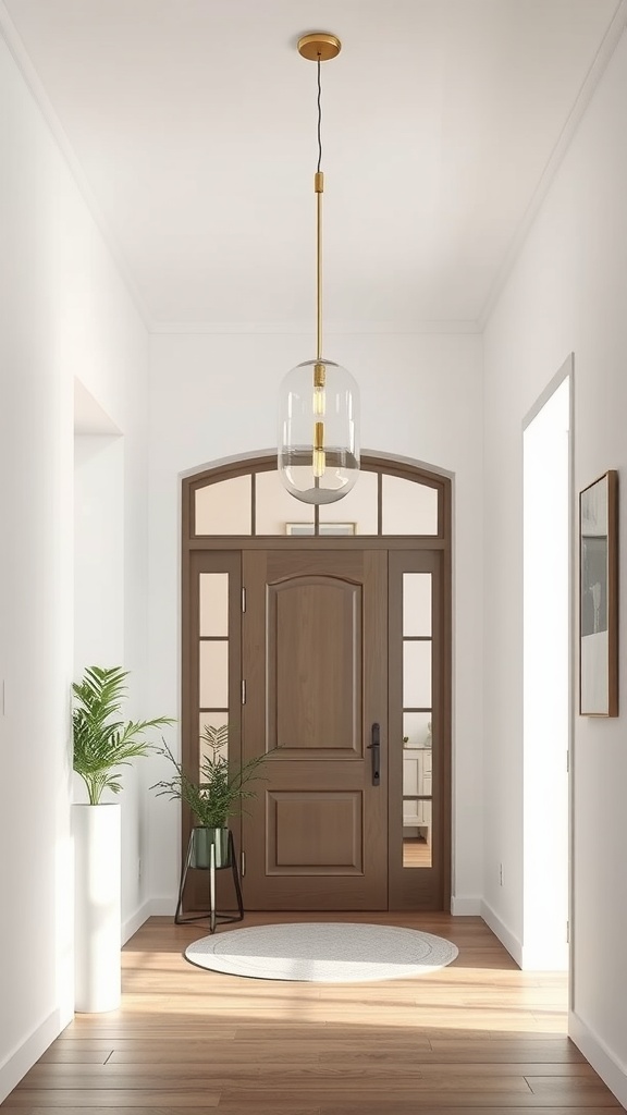 A sleek pendant light hanging in a modern foyer with a wooden door and potted plants.