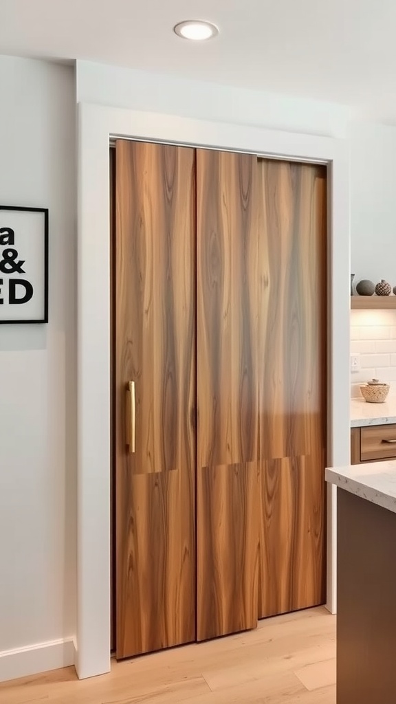 A sleek sliding pantry door with modern finishes, featuring a rich wood grain and elegant golden handle.