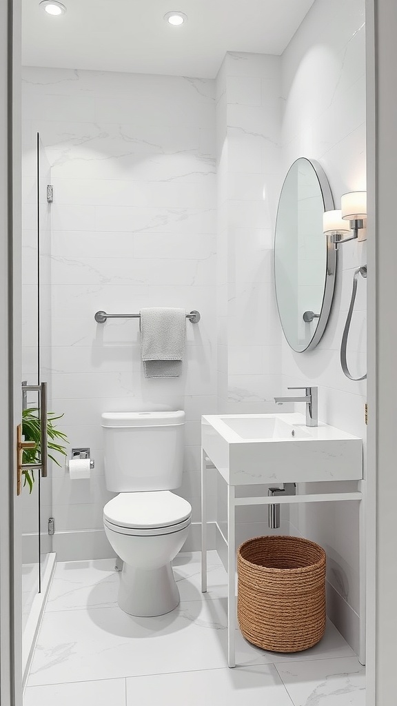 Modern gray and white bathroom with sleek white accessories and a gray tile floor.