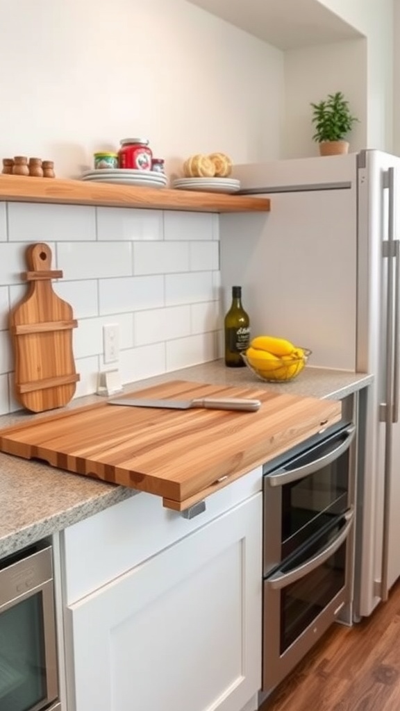 A slide-out cutting board integrated into a modern kitchen countertop.