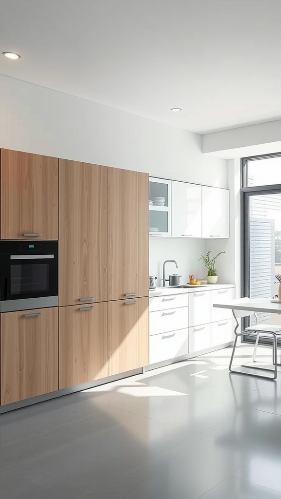 Modern kitchen with sliding cabinet doors featuring wood and white cabinetry.