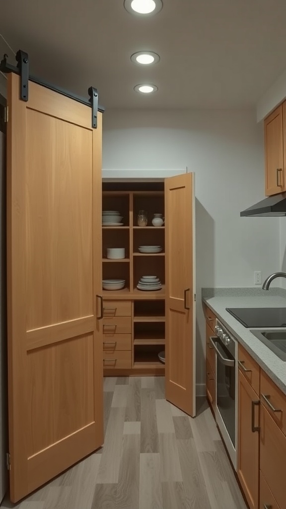 A modern kitchen featuring sliding doors that open to reveal organized storage shelves inside.