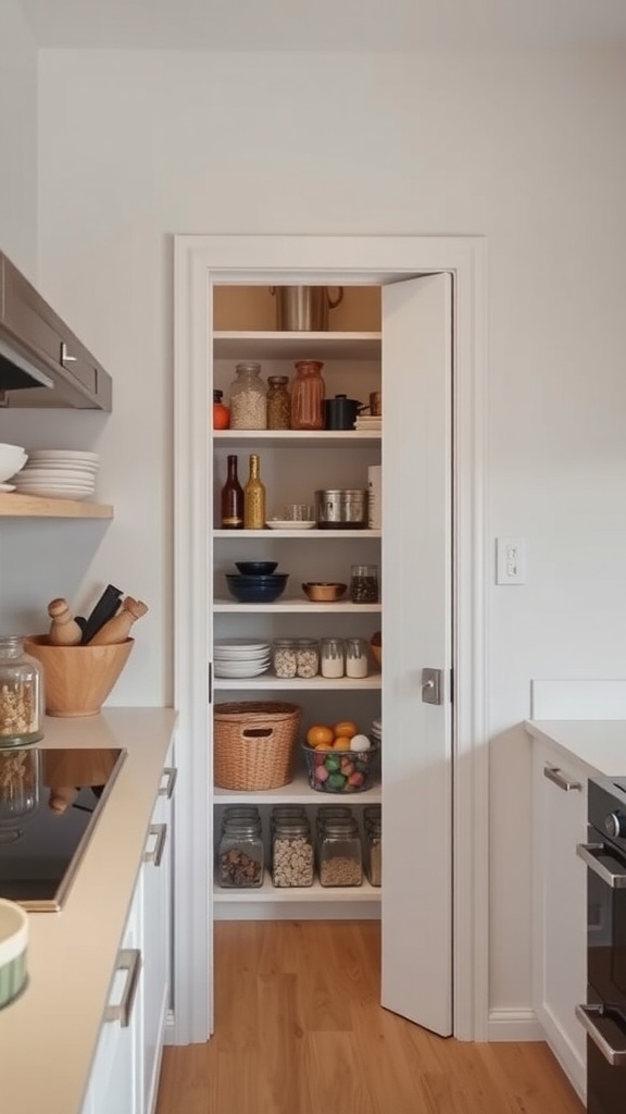 A small kitchen with a sliding pantry door open to reveal organized shelves filled with jars, fruits, and dishes.