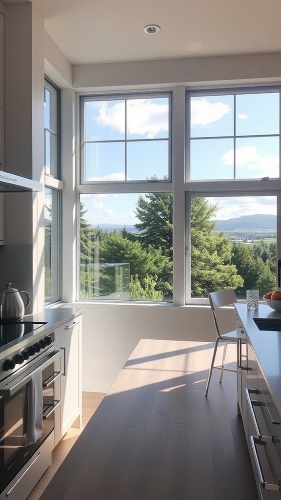 Modern small kitchen with large windows showcasing a beautiful view of trees and sky