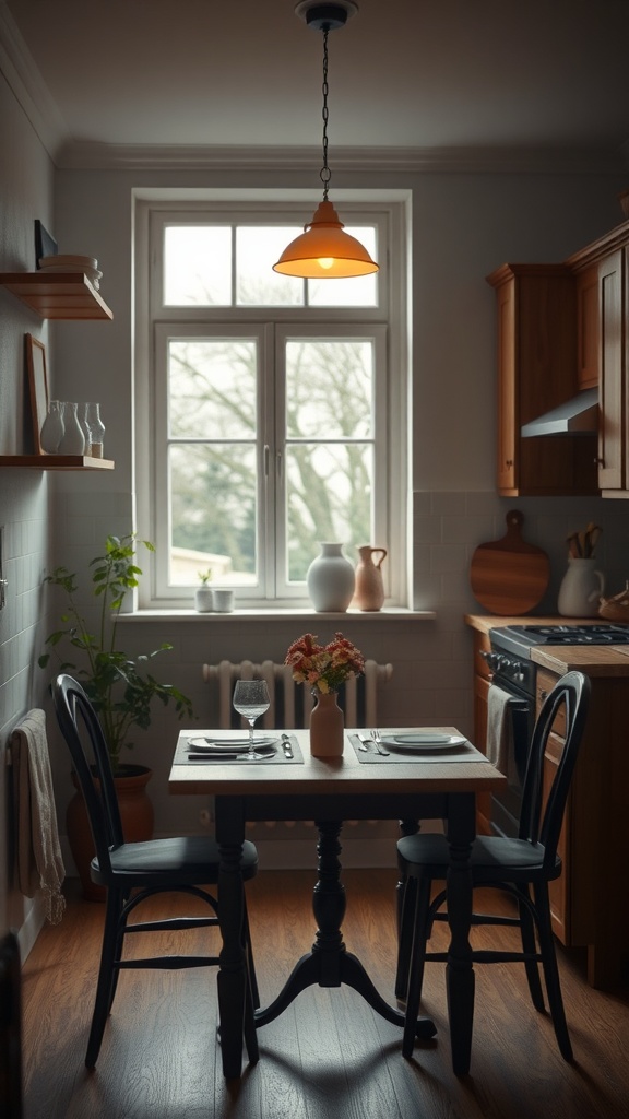 Cozy small table setting in a kitchen with two black chairs and a wooden table, featuring a vase of flowers and warm lighting.