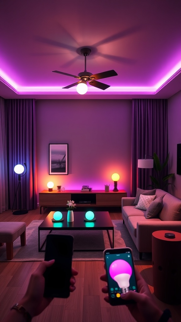 A living room with smart bulbs creating colorful lighting, showing two smartphones in hands controlling the lights.