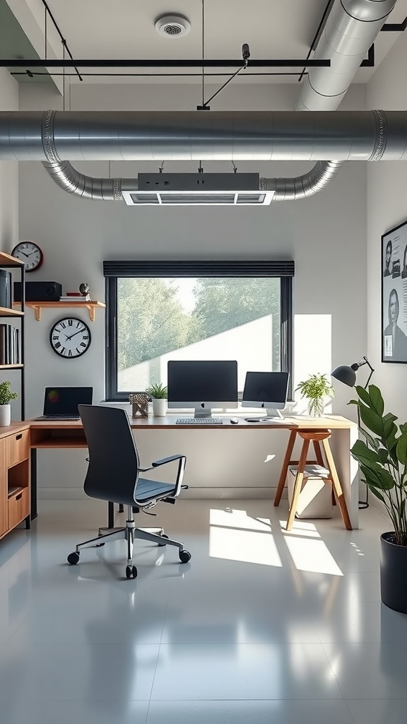 A modern home office setup featuring multiple monitors, a stylish desk, and plants.