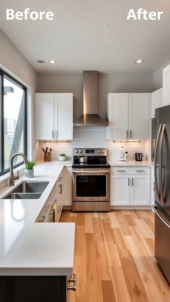 Before and After kitchen remodel showcasing modern design and smart technology integration.