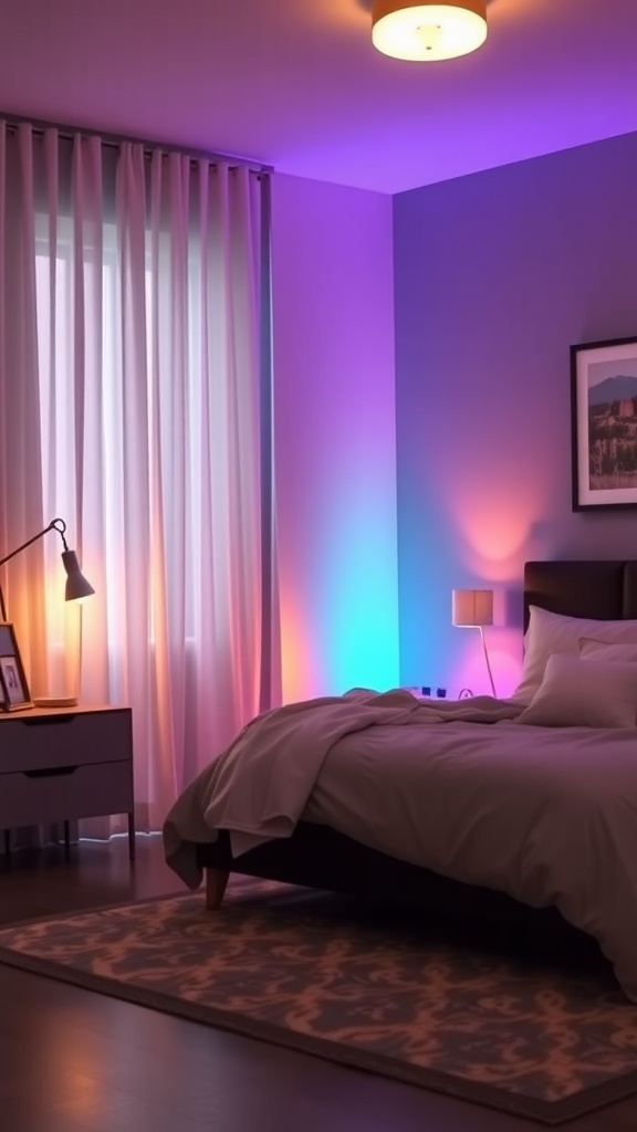 A modern bedroom with colorful LED lighting and warm ceiling light