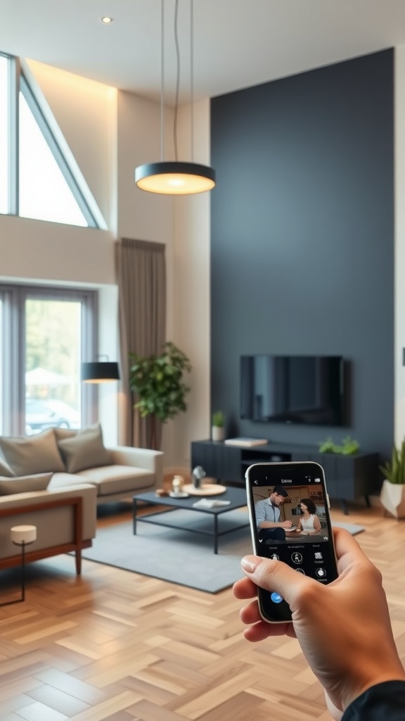 A person using a smartphone to control smart lighting in a modern living room with cozy decor.