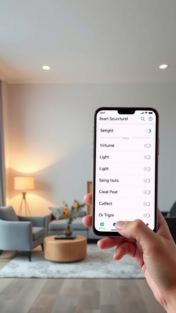 A hand holding a smartphone displaying a smart lighting app in a modern living room with stylish furniture.