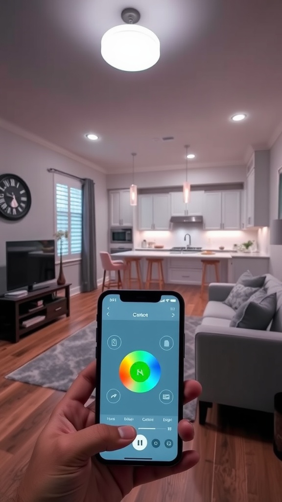 A person using a smartphone to control smart lighting in a stylish living room and kitchen space.