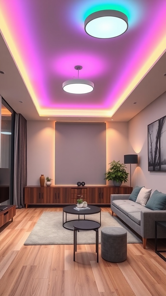 Modern living room with colorful smart lighting and low ceiling fixtures