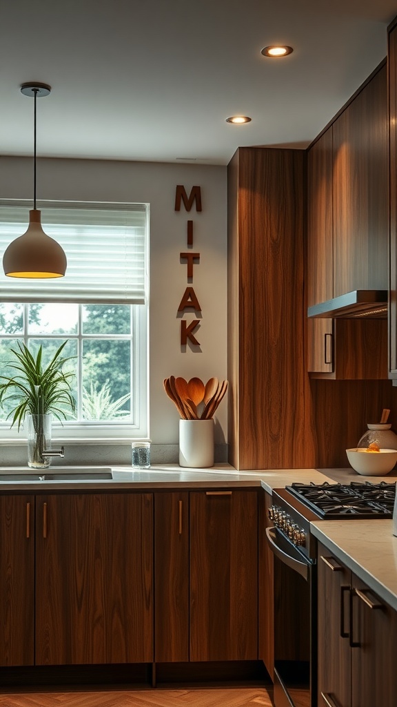 A modern kitchen with a mix of recessed ceiling lights and a pendant light over a countertop, showcasing warm wood cabinetry and a plant by the window.