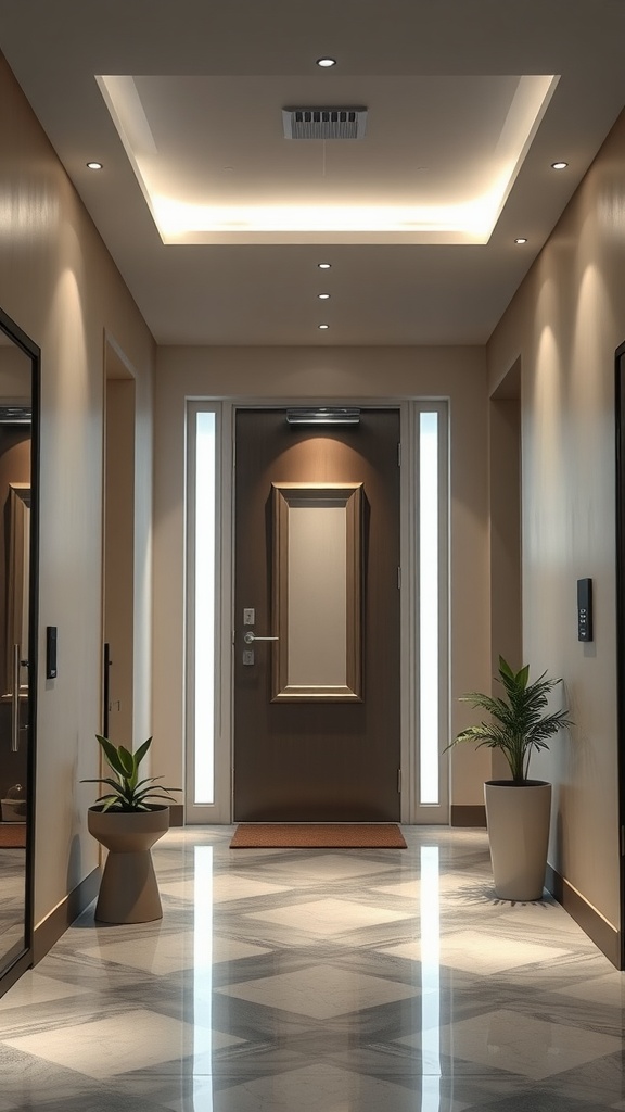 A modern entrance hall with recessed lighting, polished floor, and plants.