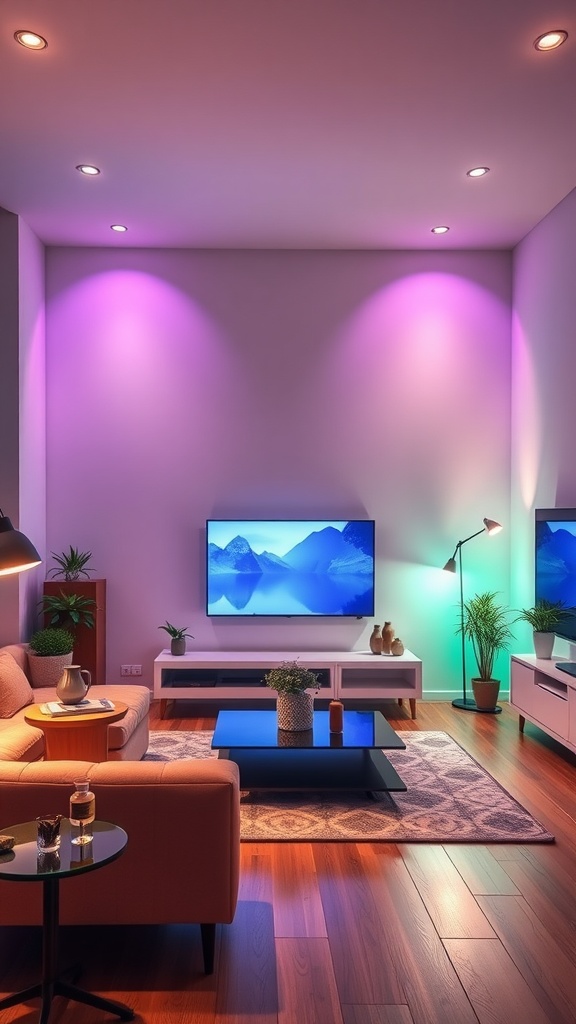 Modern living room with smart lighting solutions featuring colorful wall lights and stylish furniture.