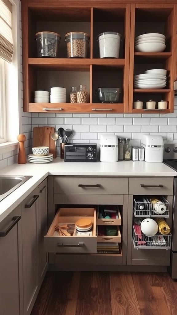 Well-organized kitchen with clear containers, neatly arranged drawers, and practical storage solutions.