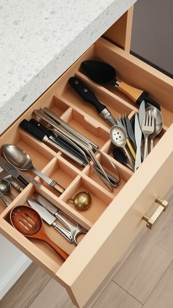 Organized kitchen drawer with drawer dividers separating utensils
