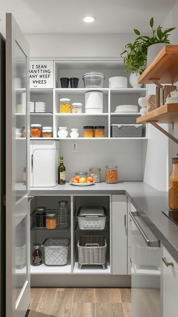 Organized small kitchen pantry with clear storage containers, shelves, and plants