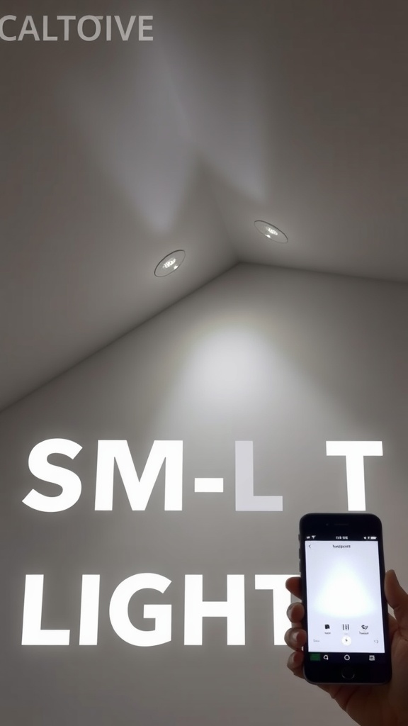 A photo showing recessed lights on a sloped ceiling, with a smartphone used for control.