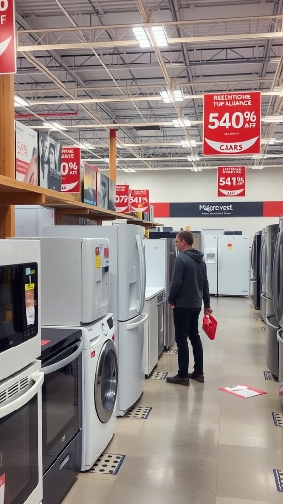 A shopper examining appliances in a store with discount signs
