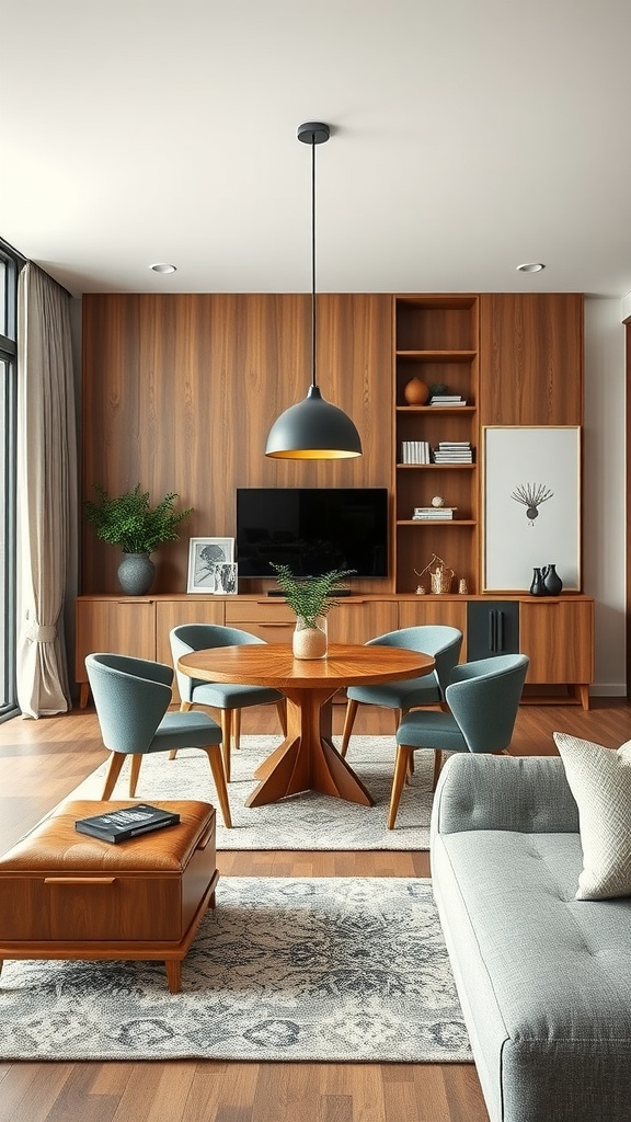 A cozy living room and dining room combo featuring a wooden wall unit, a round dining table, and a stylish ottoman.