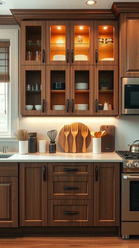 A modern kitchen cabinet design featuring illuminated glass doors and practical storage solutions.