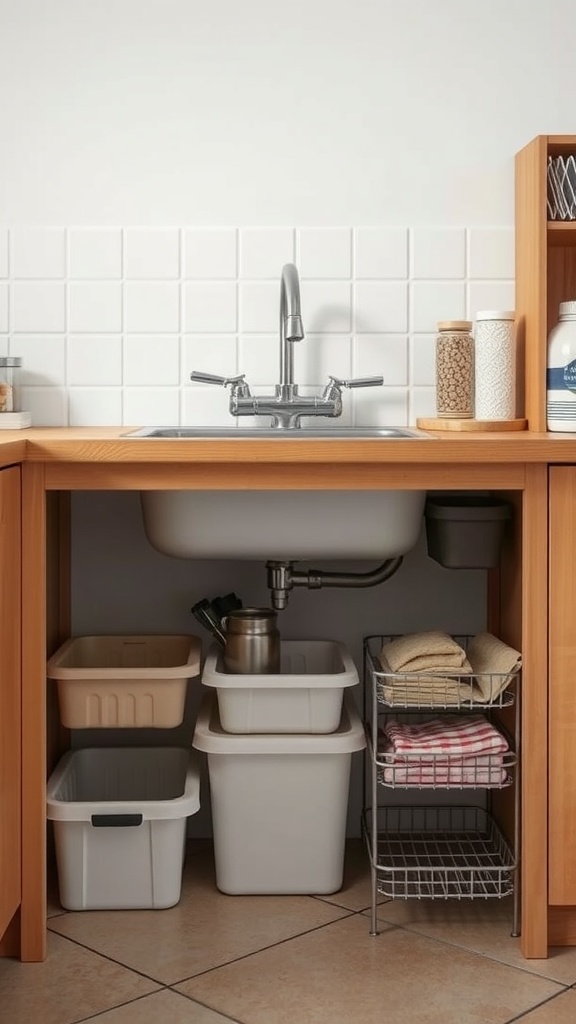 Organized storage space under a kitchen sink with various bins and a metal rack.