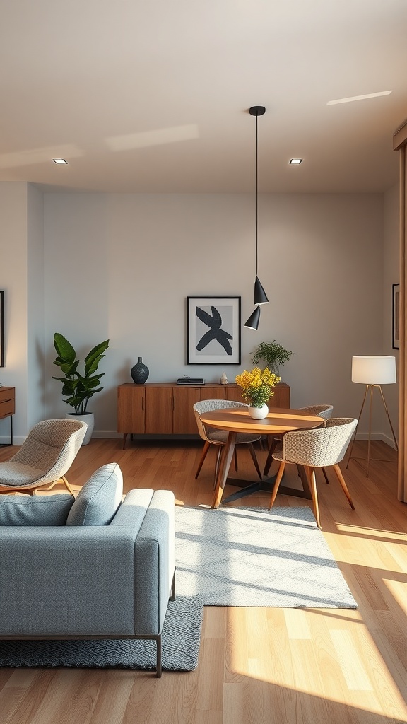 A modern living room-dining room combo with stylish furniture, plants, and smart tech integration.