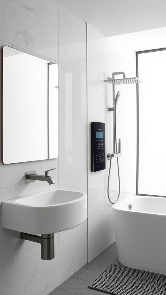 A modern bathroom featuring smart technology with illuminated mirrors, a minimalist sink, and sleek design elements.