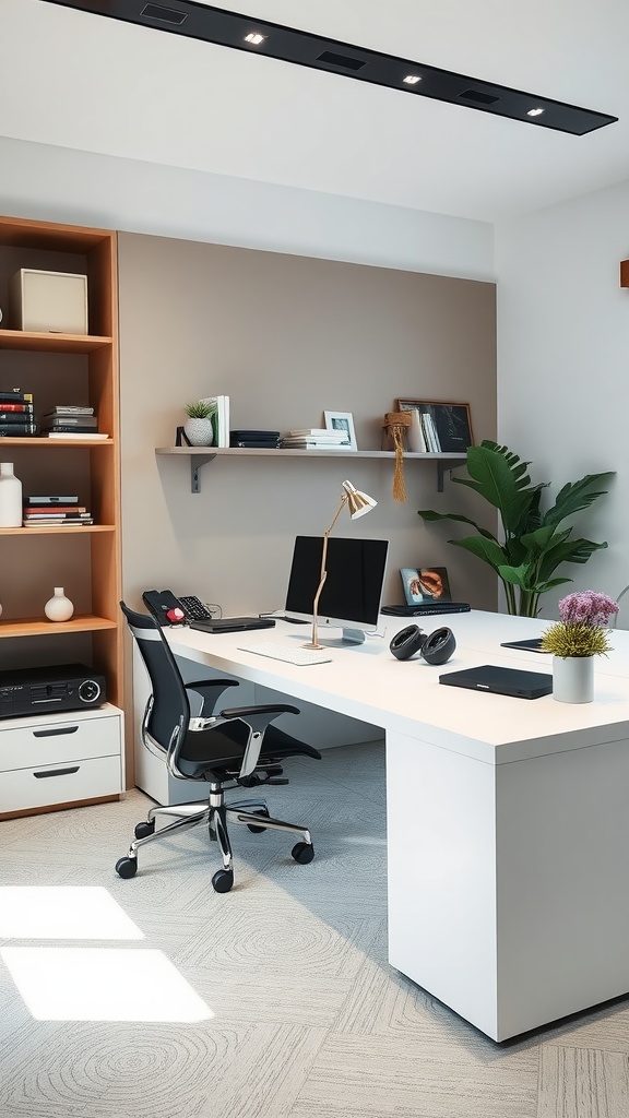 Modern home office with dual monitors, tidy organization, plants, and stylish decor