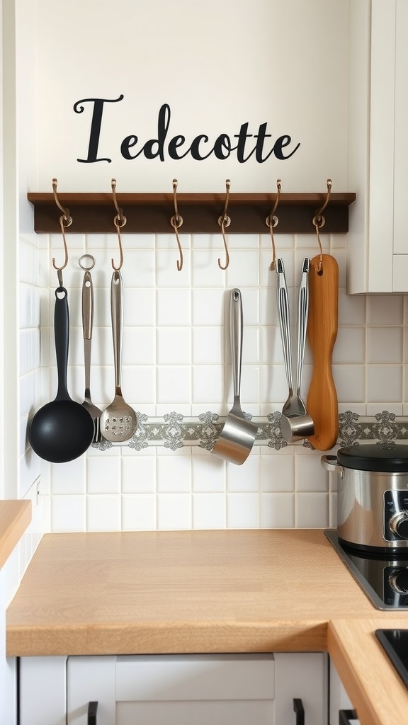 A stylish kitchen backsplash with hooks for utensils and decorative wall art.