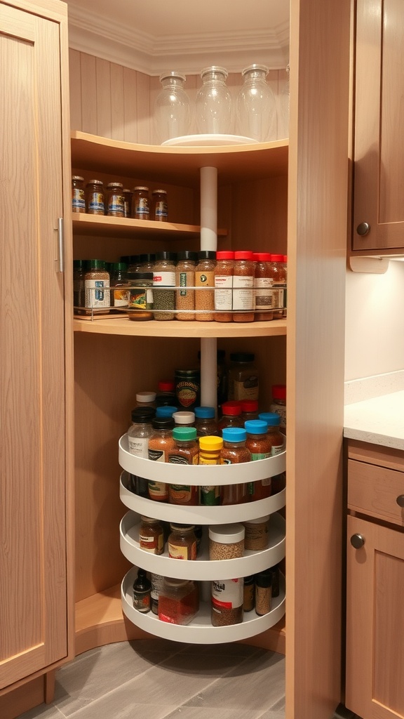 A well-organized corner cabinet with circular shelves filled with various spices and jars.