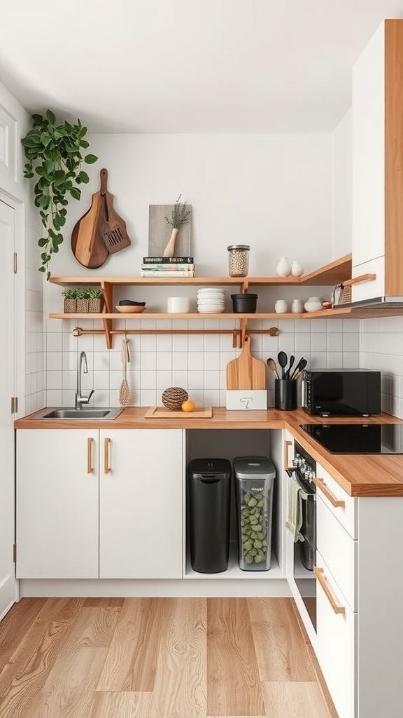 A very small kitchen featuring smart waste solutions with hidden trash bins and open shelving.