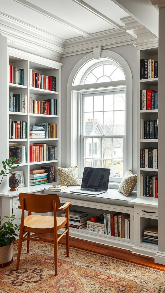 Bright home library with a window seat, bookshelves, and a laptop on a desk.