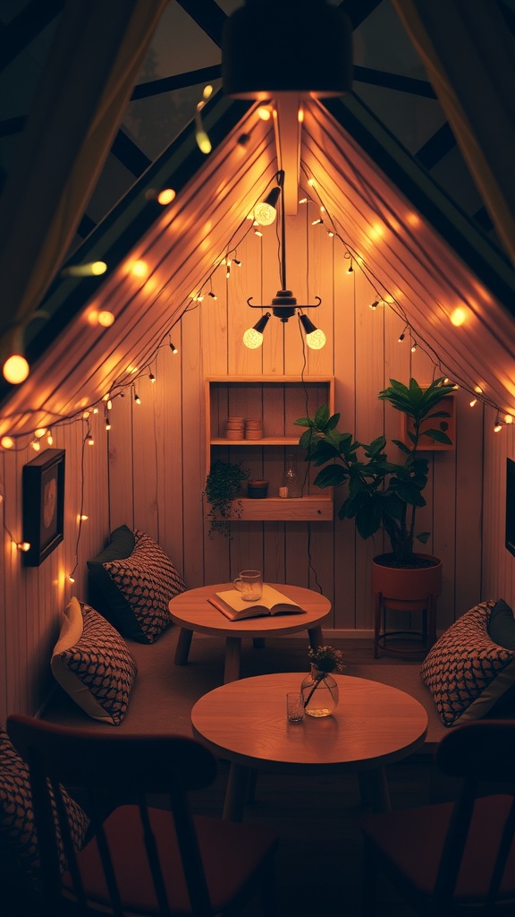 A cozy loft space featuring fairy lights, wooden walls, and comfortable seating.