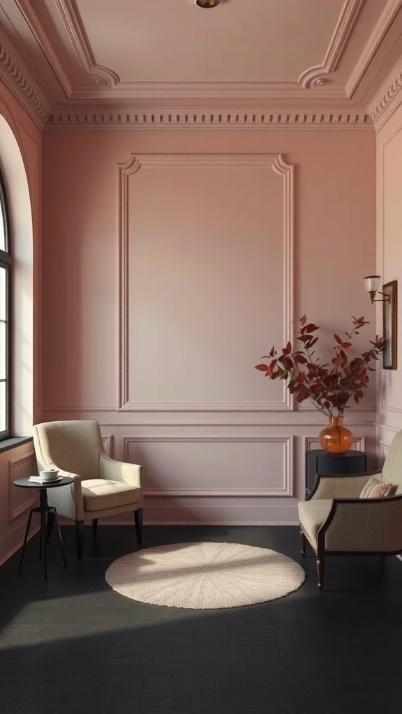 A room with soft blush walls, featuring dark furniture and bright natural light.